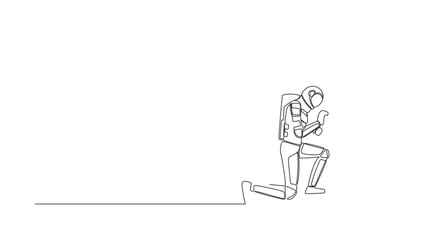 Poster - Animated self drawing of continuous line draw astronaut prying doorknob with screwdriver. Spaceman repair broken handle door knob with handyman tool. Cosmonaut space. Full length one line animation