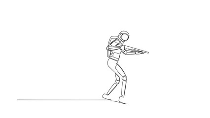 Poster - Self drawing animation of single line draw of astronaut pointing shotgun at doorknob. Space business breakthrough struggle. Power to succeed. Cosmic galaxy space. Continuous line. Full length animated