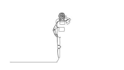 Poster - Animated self drawing of continuous line draw astronaut with round scribbles instead of head. Doubting spaceman. Memory, searching, thinking. Cosmonaut outer space. Full length single line animation