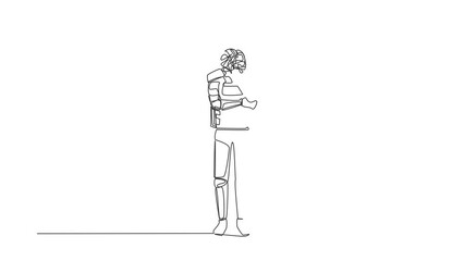 Poster - Self drawing animation of single line draw astronaut with round scribbles instead of head, standing in thoughtful pose holding chin thinking. Cosmic galaxy. Continuous line draw. Full length animated