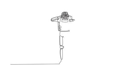 Poster - Animated self drawing of continuous line draw young astronaut with round scribbles instead of head, covering ears with fingers for loud noise. Cosmonaut outer space. Full length single line animation