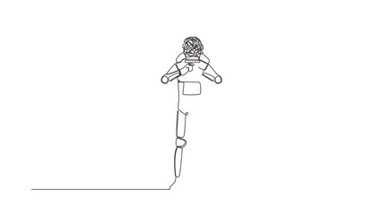 Poster - Self drawing animation of single line draw astronaut with round scribbles instead of head. Sign crossing fingers forming x. Cross, wrong or banned. Cosmic galaxy. Continuous line. Full length animated