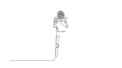 Poster - Self drawing animation of single line draw astronaut with round scribbles instead of head. Spaceman with fist clenched, arms crossed. Cosmic galaxy space. Continuous line draw. Full length animated