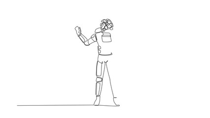 Poster - Animated self drawing of continuous line draw astronaut with round scribbles instead of head, stop gesture. Covering eyes with hand, fear, expression. Outer space. Full length single line animation