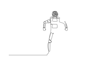 Poster - Self drawing animation of single line draw astronaut with round scribble instead of head. Angry spaceman. Emotional in rage. Feeling anger. Cosmic galaxy. Continuous line draw. Full length animated