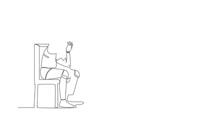 Poster - Animated self drawing of continuous one line draw robot hold his head sitting on chair. Regret on mistake, depressed. Humanoid cybernetic organism. Future robotic. Full length single line animation