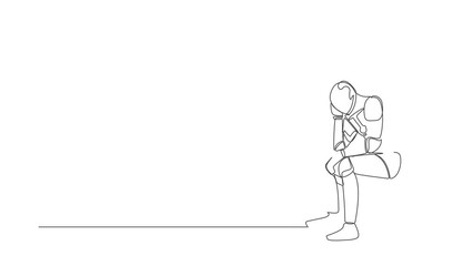 Poster - Self drawing animation of single line draw sad depressed robot sitting on chair thinking about paying bills during crisis. Artificial intelligence. Technology. Continuous line. Full length animated