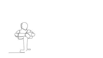 Poster - Animated self drawing of continuous one line draw sad robot suffer emotion melancholy sitting in despair on floor. Humanoid robot cybernetic organism. Future robotic. Full length single line animation