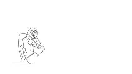 Poster - Animated self drawing of continuous line draw astronaut sitting on the floor with cover his face, feeling sad due to cosmic journey failure . Cosmonaut outer space. Full length single line animation