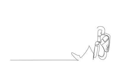 Poster - Self drawing animation of single line draw astronaut cover face by hands sitting on the floor. Sad due to spaceship company bankruptcy. Cosmic galaxy space. Continuous line draw. Full length animated