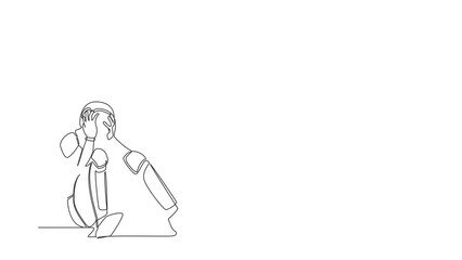 Poster - Animated self drawing of continuous line draw astronaut sitting on the floor with holding his head. Feeling sad due to spacewalk project failure. Cosmonaut deep space. Full length one line animation