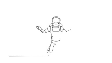 Poster - Self drawing animation of single line draw astronaut despair suffer grief. Sad expression. Depression due to space company bankruptcy. Cosmic galaxy space. Continuous line draw. Full length animated