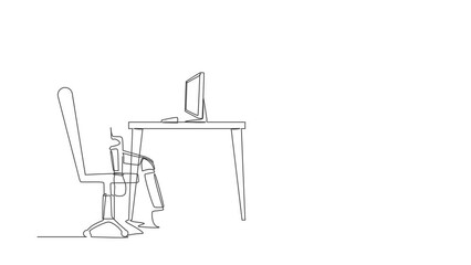 Poster - Animated self drawing of continuous line draw exhausted young astronaut sitting with head down on desk. Tired spaceman after space exploration. Cosmonaut outer space. Full length single line animation