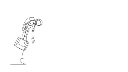 Poster - Self drawing animation of single line draw of astronaut holding briefcase and looking down. Bankruptcy spaceship company due to economic recession. Cosmic space. Continuous line. Full length animated