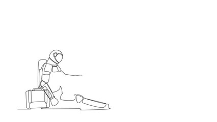 Poster - Animated self drawing of continuous line draw astronaut with briefcase sitting in despair on floor. Sad expression due to planet discovery failure. Cosmonaut deep space. Full length one line animation