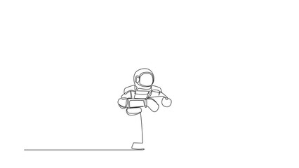 Poster - Self drawing animation of single line draw young astronaut suffer emotion sitting in despair on floor. Galactic journey project failure. Cosmic galaxy space. Continuous line draw. Full length animated