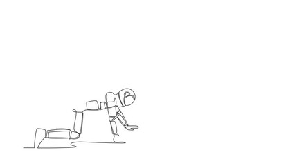 Poster - Animated self drawing of continuous line draw of young astronaut crawling in despair on the floor. Frustrated spaceman after spacecraft journey. Cosmonaut deep space. Full length one line animation