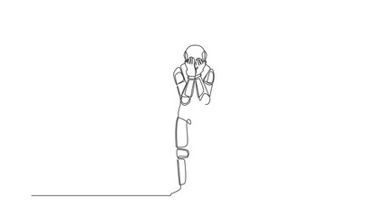 Poster - Animated self drawing of continuous line draw astronaut standing and cover face with his hands. Depression and disappointment in space exploration. Cosmonaut deep space. Full length one line animation