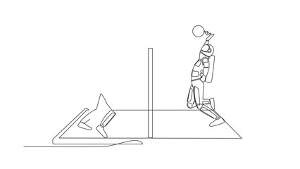 Poster - Animated self drawing of continuous line draw volleyball court with astronaut players on smartphone screen. Volleyball players during match, mobile app. Cosmonaut space. Full length one line animation