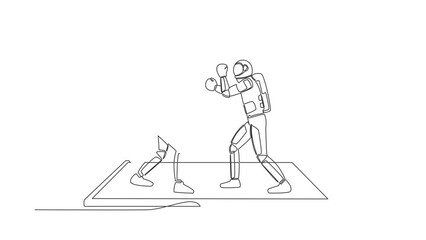 Poster - Animated self drawing of continuous line draw boxing ring with astronaut boxers on smartphone screen. Boxing fight duel during match, mobile app. Cosmonaut deep space. Full length one line animation