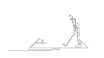 Poster - Self drawing animation of single line draw astronaut golfer playing golf on smartphone screen. Golfer hitting ball, online mobile app. Cosmic galaxy space. Continuous line draw. Full length animated
