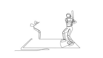 Poster - Self drawing animation of single line draw baseball field with astronaut players on smartphone screen. Online baseball. Smartphone applications. Cosmic galaxy. Continuous line. Full length animated