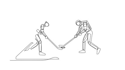 Poster - Animated self drawing of continuous line draw of ice hockey rink with astronaut players on smartphone screen. Mobile ice hockey. Online game. Cosmonaut outer space. Full length single line animation