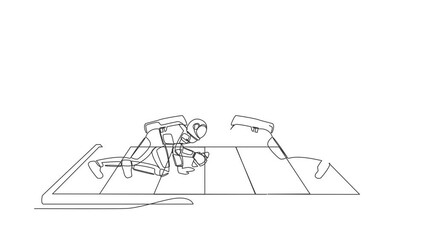 Poster - Animated self drawing of continuous line draw american football field with astronaut players on smartphone screen. American football online. Cosmonaut outer space. Full length single line animation