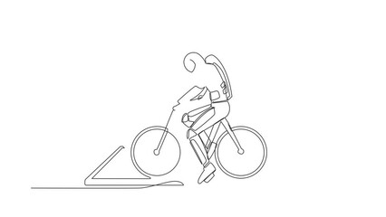 Poster - Animated self drawing of continuous line draw astronaut wearing helmet, riding bicycle on smartphone screen. Virtual bicycle for cardio training. Cosmonaut deep space. Full length one line animation