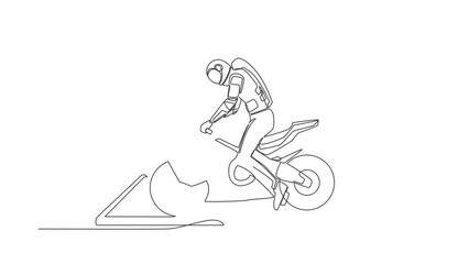 Poster - Animated self drawing of continuous one line draw astronaut biker wearing helmet, riding motorcycle on smartphone screen. Online sport bike. Cosmonaut outer space. Full length single line animation