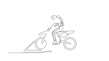 Poster - Self drawing of single one line draw astronaut motocross rider ride motocross bike on smartphone screen. Freestyle motocross extreme sport. Cosmic galaxy space. Continuous line. Full length animated
