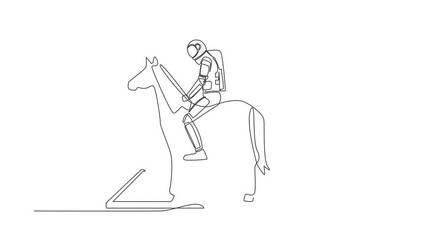 Poster - Animated self drawing of continuous line draw astronaut riding horse on smartphone screen. Racing horse with jockey. Equestrian online sport. Cosmonaut outer space. Full length single line animation