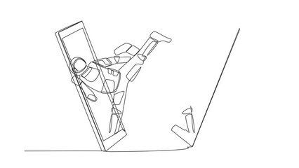 Poster - Self drawing animation of single line draw young astronaut karate fighter comes out from smartphone ready to fight in moon surface. Cosmic galaxy space. Continuous line draw. Full length animated