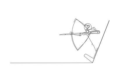 Poster - Animated self drawing of continuous line draw astronaut with bow arrow getting out of smartphone screen. Online archery game with live mobile app. Cosmonaut deep space. Full length one line animation
