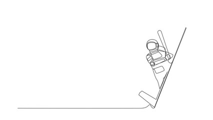 Poster - Animated self drawing of continuous line draw astronaut baseball player ready to hit ball getting out of smartphone screen. Mobile sports matches. Cosmonaut space. Full length single line animation