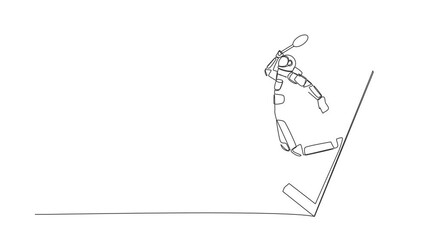 Poster - Self drawing animation of single line draw astronaut badminton player jump hit shuttlecock getting out of smartphone screen. Online badminton game. Cosmic space. Continuous line. Full length animated
