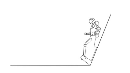Poster - Self drawing animation of single line draw astronaut runner focus to run at track, getting out of smartphone screen. Mobile sports matches. Cosmic galaxy. Continuous line draw. Full length animated