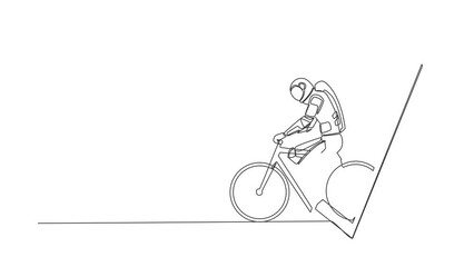 Poster - Animated self drawing of continuous line draw young astronaut bicycle racer improve his speed at training session getting out of smartphone screen. Cosmonaut deep space. Full length one line animation