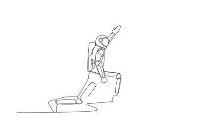 Poster - Animated self drawing of continuous line draw astronaut doing fitness at moon surface in online class using TV screen. Fitness online training. Cosmonaut outer space. Full length single line animation