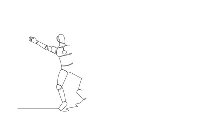 Poster - Animated self drawing of continuous line draw robot jump with both hands raised. Successful in tech business project. Humanoid cybernetic organism. Future robotic. Full length single line animation