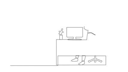 Poster - self drawing animation of single line draw robot sitting with raised hands near desk computer. succe
