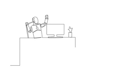Aufkleber - Animated self drawing of continuous line draw robot sitting on workplace with raised one hand high and raised the other. Humanoid cybernetic organism. Future robotic. Full length single line animation