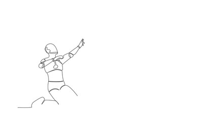 Poster - Animated self drawing of continuous line draw happy robot kneeling with celebrating goal pose. Success business project. Humanoid cybernetic organism. Future robotic. Full length single line animation