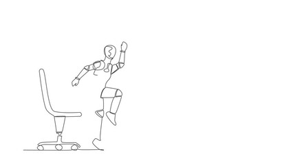 Poster - Animated self drawing of continuous line robot jumping dancing on his workplace, computer desk. Celebrating success. Artificial intelligence machine learning process. Full length one line animation
