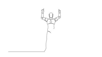 Poster - Animated self drawing of continuous line happy robot standing with both hands pointing index fingers up. Celebrate win. Artificial intelligence machine learning process. Full length one line animation