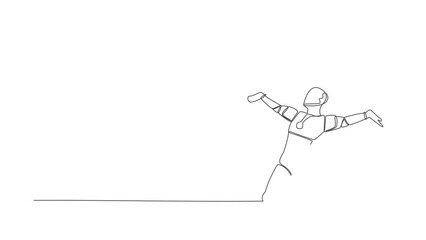 Poster - Animated self drawing of continuous line robot jumping with raised legs and spread arms. Future technology development. Artificial intelligence machine learning process. Full length one line animation