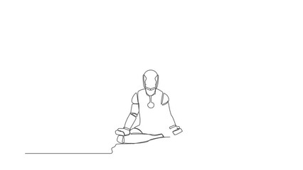Poster - Self drawing animation of single line draw robot sitting with yoga pose, meditation. Relaxed robotic operation. Artificial intelligence. Technology industry. Continuous line draw. Full length animated