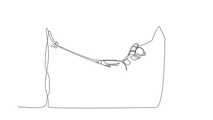 Poster - Animated self drawing of continuous line draw of happy astronaut lying and sleeping in hammock. Vacation and recreation after space expedition. Cosmonaut outer space. Full length single line animation