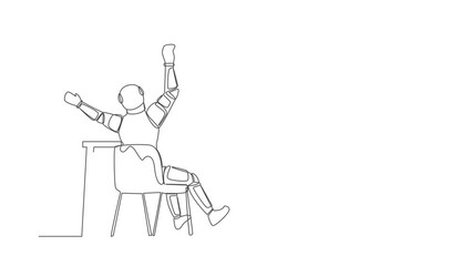 Poster - Self drawing animation of single line draw back view astronaut completed task and triumphing with raised hand on desk. Success space company. Cosmic galaxy. Continuous line draw. Full length animated