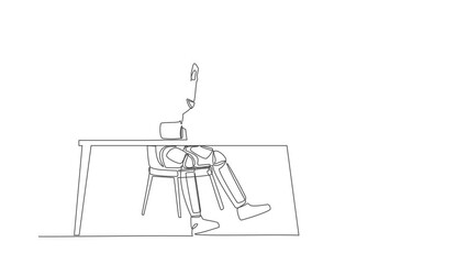 Poster - Animated self drawing of continuous line draw astronaut sitting with raised hands near desk with computer. Celebrate successful in cosmic mission. Cosmonaut deep space. Full length one line animation